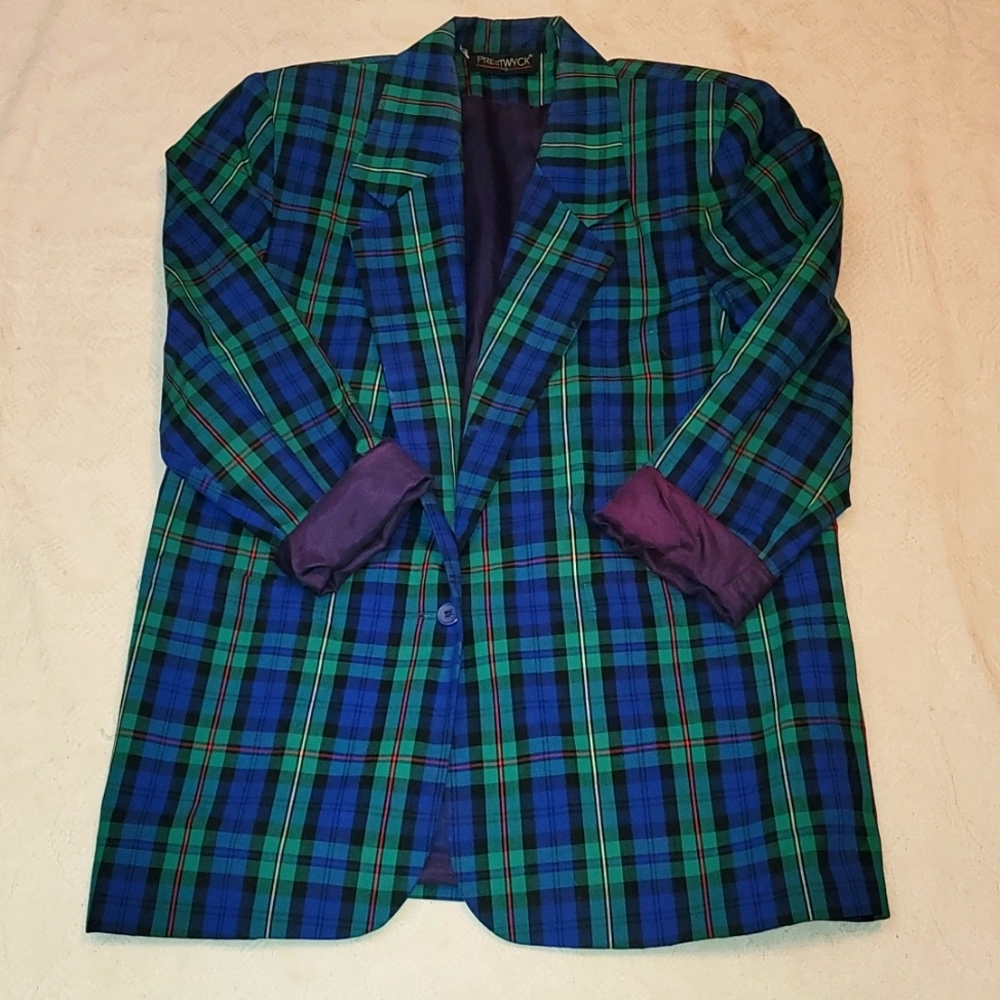 Vintage blazer Prestwyck jacket plaid green blue yellow, lined 80's 90's sz Med - Picture 9 of 9